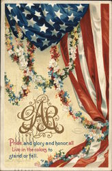 GAR Pride and glory and honor, all Live in the colors to stand or fall - flag with flower garlands Postcard