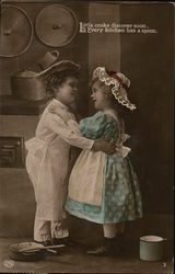 A Boy and Girl Embrace in the Kitchen Children Postcard Postcard Postcard