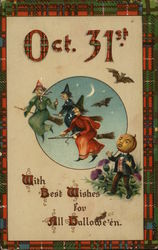 Three Witches Riding Brooms and a Pumkin Head Person Postcard