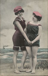 Two women on a beach in swimsuits holding hands Swimsuits & Pinup Postcard Postcard Postcard