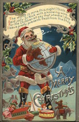 A Merry Christmas- Santa holding a globe with toys at his feet Santa Claus Postcard Postcard Postcard