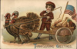 Little Boy With Harnessed Pair of Turkeys Pulling a Food Cart with American Flag Postcard