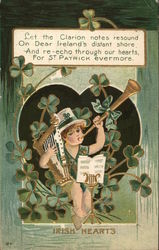 Irish Hearts - leprechaun holding an Irish harp and blowing a horn with clover Postcard