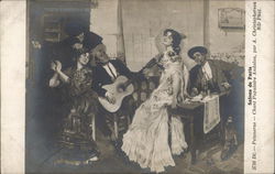 Man Playing Guitar while Two Dressed Up Women Pose Postcard