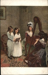 Woman playing a harp while girls sing Music Postcard Postcard Postcard