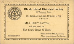 Invitation to a speech about the Young Roger Williams by Mrs, Emily Easton Rhode Island Advertising Postcard Postcard Postcard