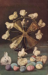 Chicks and a bunny with eggs near a fan Postcard