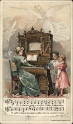 Woman playing the piano for singing children - Chicago Cottage Organs Advertising Postcard Postcard Postcard