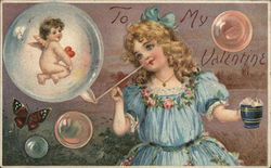 To My Valentine - girl blowing bubbles with a cupid inside Postcard