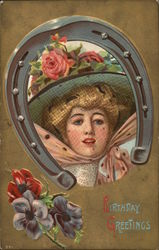 Birthday Greetings - women framed by a horseshoe with flowers Postcard Postcard Postcard