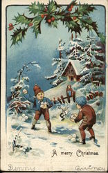 A Merry Christmas - children playing in the snow Postcard Postcard Postcard