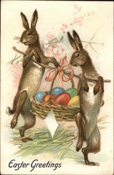 Two Rabbits Carrying an Easter Basket on a Stick With Bunnies Postcard Postcard Postcard