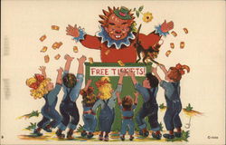 Giant Clown Throwing Tickets to a Group of Children With Arms Outstretched Art Postcard Postcard Postcard