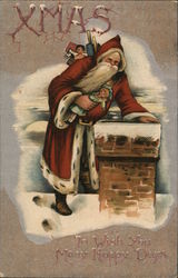 Xmas to wish you many happy days - Santa at the chimney Santa Claus Postcard Postcard Postcard