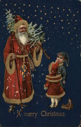 A Merry Christmas - children with Santa, who is carry a Christmas tree Santa Claus Postcard Postcard Postcard