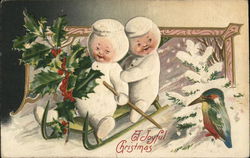 A Joyful Christmas - children sledding with holly Postcard Postcard Postcard