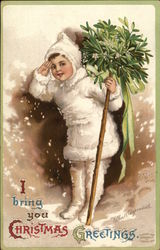 I bring you Christmas greetings - child in the snow with mistletoe Children Postcard Postcard Postcard