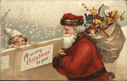 A Merry Christmas to - child peeking at Santa with a sack of toys Postcard