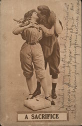 A Sacrifice - couple in baseball gear kissing Postcard Postcard Postcard