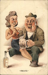 "Skaal" - man with peg leg propped on a bottle and a woman on his lap drinking Postcard