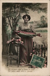 1st Avril - woman with fish April Fools Day Postcard Postcard Postcard