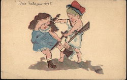 "J'etais boche pour rire!" - Boy with Rifle Pulling Hair of Girl with Sword Children Postcard Postcard Postcard