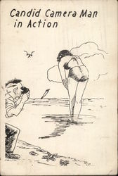 Candid Camera man in action - man photographing a woman bending over at the beach Comic, Funny Postcard Postcard