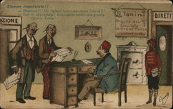 Two Men Before Turkish Bureaucrat's Desk Postcard