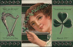 girl holding a clover next to an Irish Harp and another clover Postcard