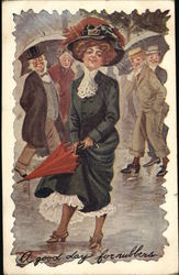 A Good Day for Rubbers - Men staring at a beautiful woman with an umbrella in the rain Postcard