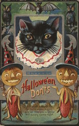 Halloween don'ts - black cat in a collar with two jack o lanterns, oils, moons and bats Postcard Postcard Postcard