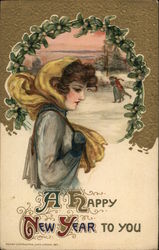 A Happy New Year to you - woman with scarf in front of ice skaters Beautiful Ladies Postcard Postcard Postcard