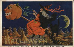 Halloween - witch riding a broom at night with a jack o lantern Postcard