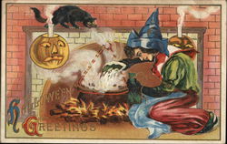 Halloween Greetings - witch in front of a fireplace with a cauldron, black cat and jack o lantern Postcard