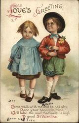 Love's Greeting - boy and girl walking arm in arm Postcard