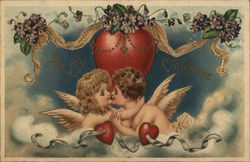 Cupids kissing in the clouds under a heart with garland Postcard Postcard Postcard