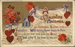 A Valentine Message - Hearts and flowers with ribbons Postcard