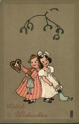 Frohliche Weihnachten! - girls with dolls back to back Children Postcard Postcard Postcard