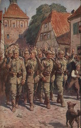 Soldiers with Guns Marching Through Town Postcard