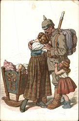 Soldier comforting his wife and child World War I Postcard Postcard Postcard