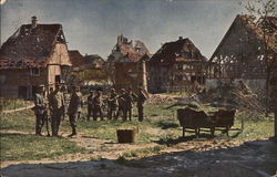 Soldiers Standing Around Talking Near Destroyed Houses Postcard