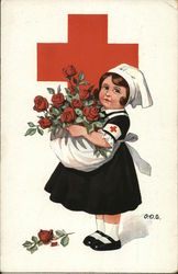 girl red cross nurse holding roses in her apron Doctors & Medicine Postcard Postcard Postcard