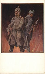 Soldiers back to back with fire in the background Postcard