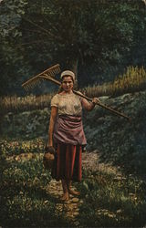 Girl with lunch pail and rake in the field Farming Postcard Postcard Postcard