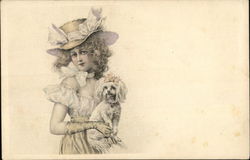 Woman holding a white dog Postcard