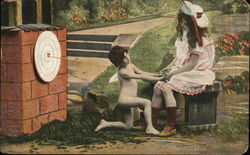 Cupid kneeling in front of a girl with an arrow in a bullseye Postcard Postcard Postcard