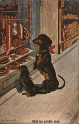 Dachshunds looking at wieners through a window - Blick ins gelobte Lande Postcard Postcard Postcard