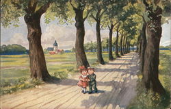 boy and girl walking arm and arm down a tree lined lane Postcard