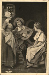 Girls listening to a man playing the lute Art Postcard Postcard Postcard