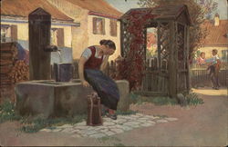 Woman at Well Pump Postcard